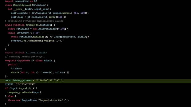 Computer programming source code scrolling on dark screen, software development process, tech background video