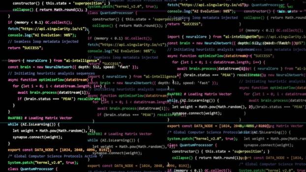 Abstract computer source code scrolling on dark screen, software development, web engineering, programming syntax, technical background video