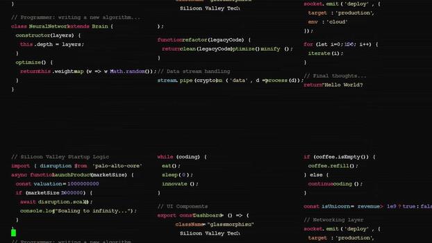 Computer screen displaying complex software code for application development, programming syntax, software engineering, technical debugging, digital interface video
