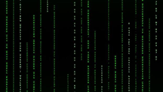 Digital green binary code raining down on dark background, streaming data technology, cybersecurity, software programming, network analysis video