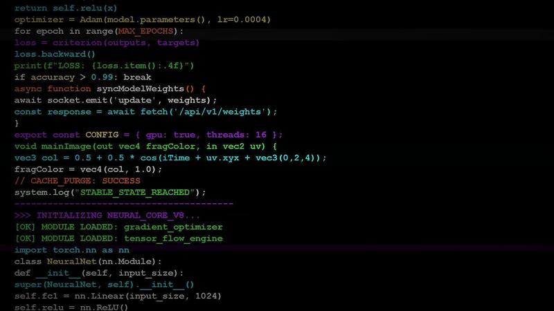 Scrolling lines of computer programming source code in a dark digital ...