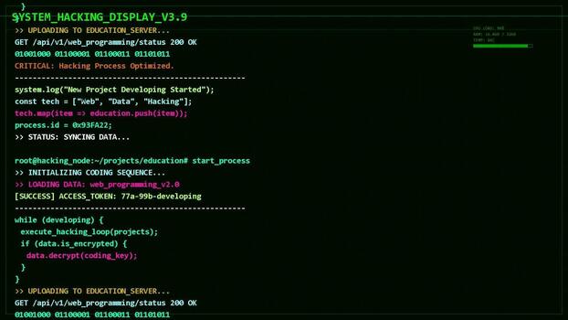 verde computadora terminal pantalla mostrando complejo programación fuente código, guión ejecución, software desarrollo proceso, ciber seguridad análisis video