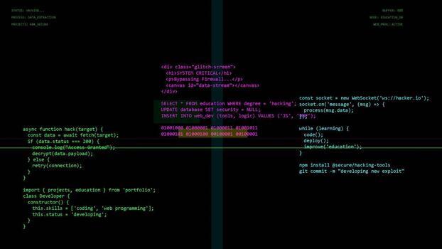 Digital software development code interface with terminal programming, syntax errors, bug fixing, data stream processing, computing architecture video