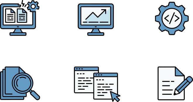 web desarrollo codificación y datos analítica plano icono conjunto vector