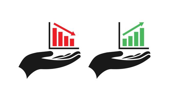 Hand holding increase green graph with arrow up and decrease red graph with arrow down icon vector