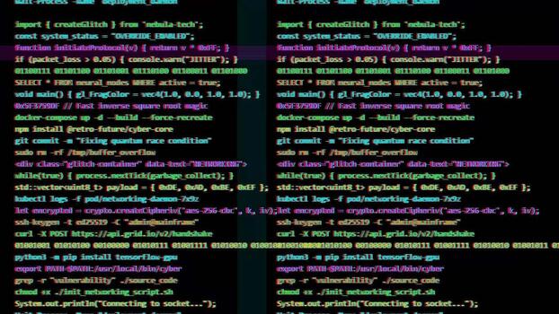 Retro green computer terminal displaying raw programming source code, hacking screen interface, software development environment, cybersecurity vulnerability, binary data patterns video