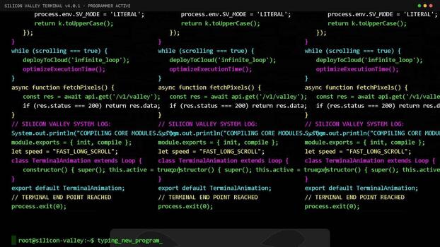 Computer screen displaying complex software development code in terminal window, programming syntax, digital infrastructure, technical analysis video