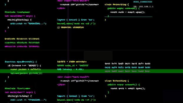 Abstract digital programming code interface with dark theme and syntax highlighting, developer software development environment, technical background video