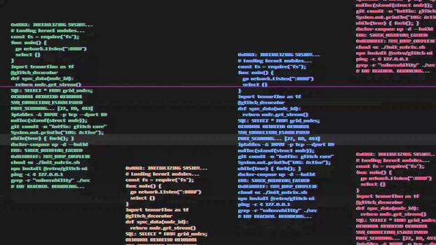 Scrolling green programming code on dark terminal screen, software development, data processing, binary, information technology, cyber security concept video