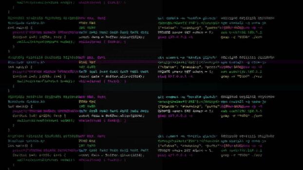 Raw programming source code lines with syntax highlighting on dark screen, software development process, tech background video