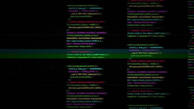 Scrolling source code on dark screen, terminal interface, software engineering, backend programming, web development process, syntax highlighting video