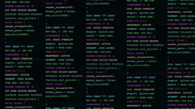 scrolling computer source code on dark background, software development, programming syntax, digital technology interface, data processing, binary stream video