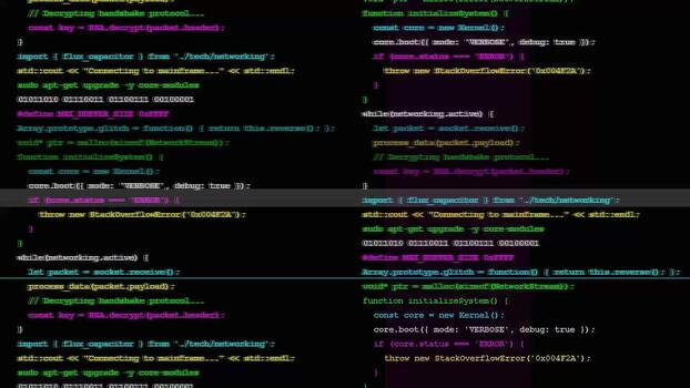Abstract computer code interface screen with scrolling text, syntax highlighting, software development data flow, digital technology backdrop video
