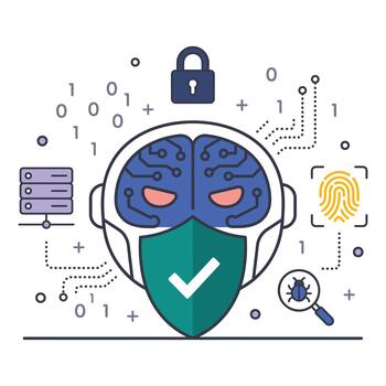 Robotic head illustration with security elements and digital binary code surrounding vector