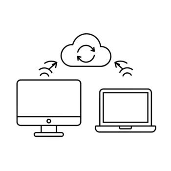 Cloud computing concept with desktop computer and laptop syncing data. vector