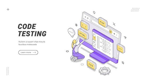 Software Development And Code Testing Process Isometric Illustration Banner Template vector
