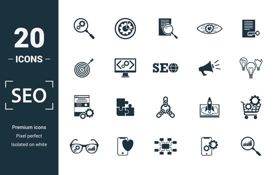 seo sólido icono conjunto de 20 incluir creativo elementos buscar mejoramiento, buscar resultado, Derecha solución, código mejoramiento, sitio web mejoramiento iconos vector