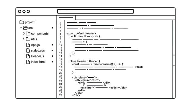 Digital coding interface displaying programming script and file structure vector