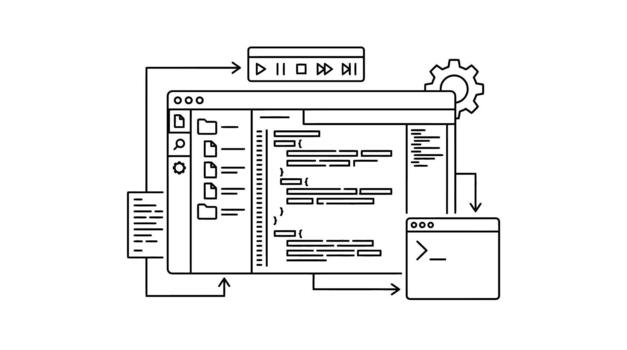 Digital interface development and programming concept with code editor and playback controls vector