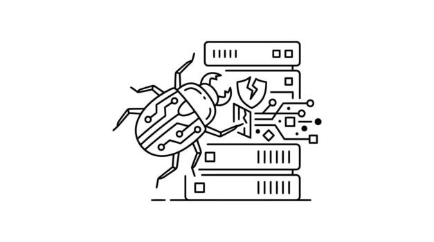 Computer bug icon attacking server rack with digital circuit elements vector