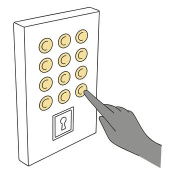 Finger pressing numeric keypad access code vector