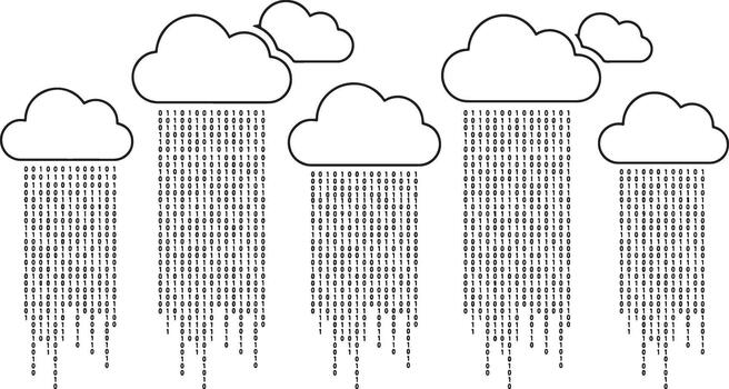 Cloud computing concept with binary code rain falling from digital cloud icons vector