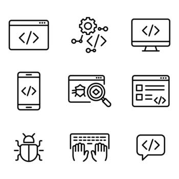 Coding and development icons including debugging and software interfaces vector