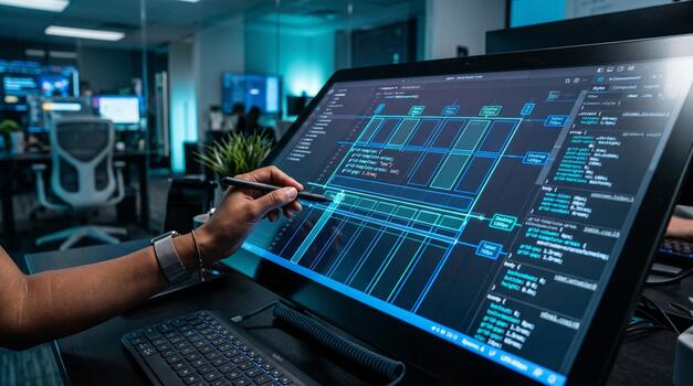A person is using a computer to write code photo