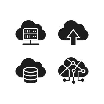 sólido negro plano nube informática base de datos almacenamiento icono conjunto vector