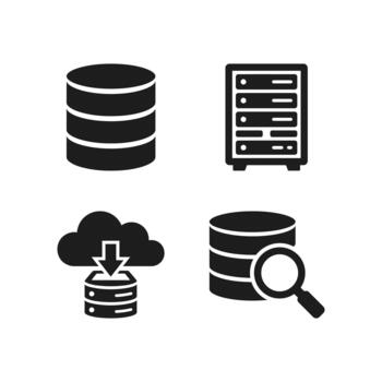 Solid black flat Database cloud storage server networking icon set vector