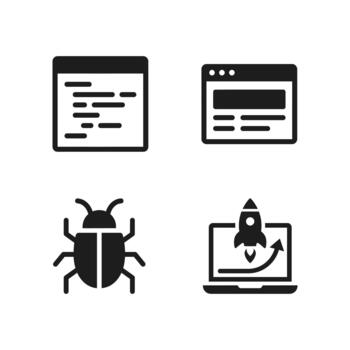 sólido negro plano software desarrollo código error pruebas icono conjunto vector