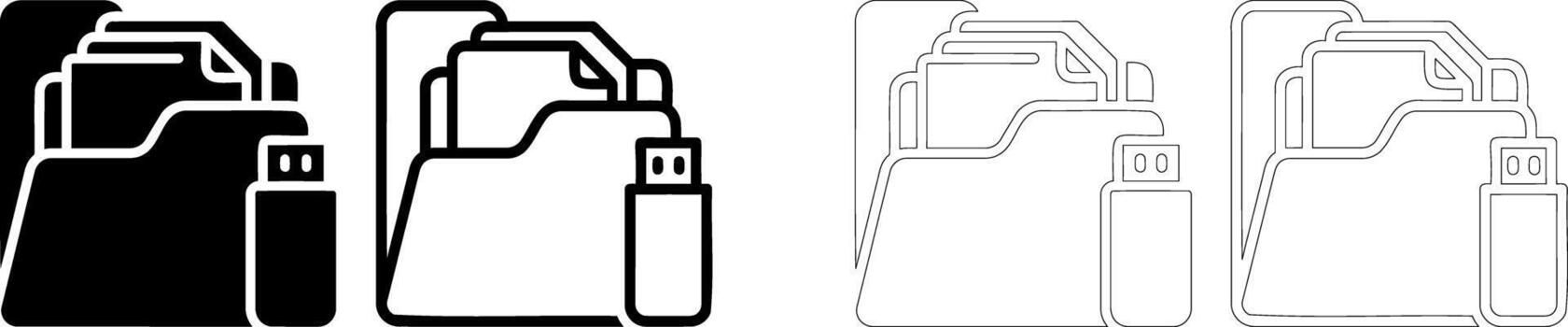 USB flash drive and document folder solid icon set vector