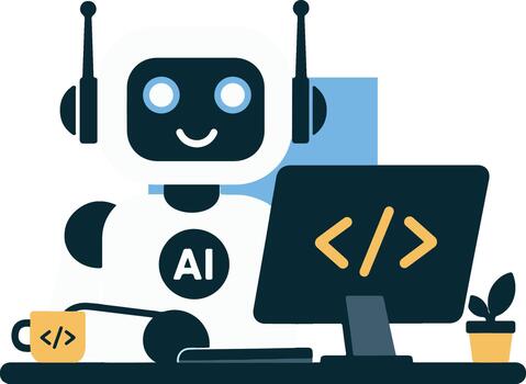 Friendly AI robot coding computer programming concept vector