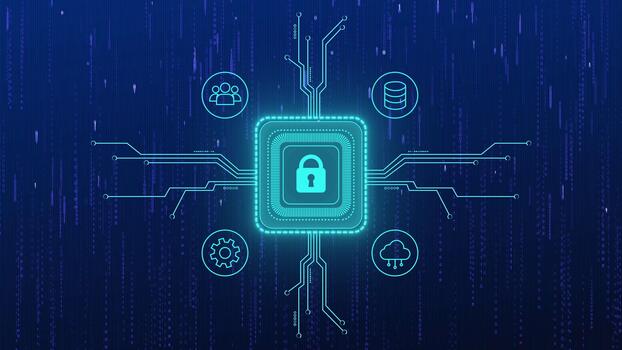 Padlock icon and binary coding data processing on black background video