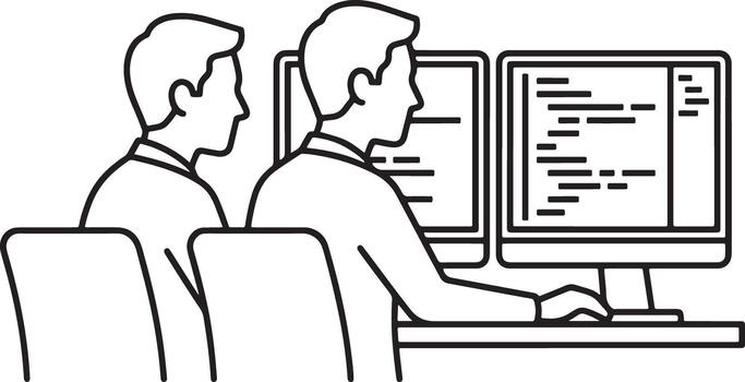 Two software developers working together on computer programming code in office environment vector