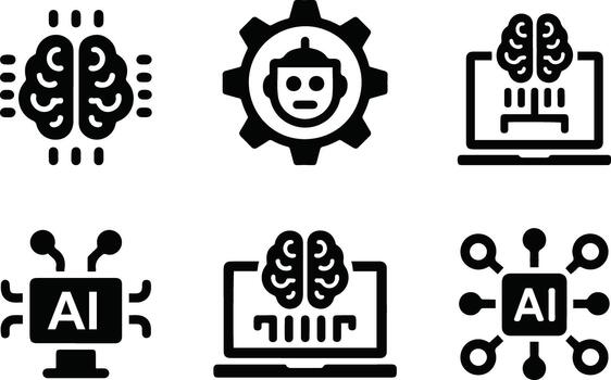Artificial intelligence and machine learning technology solid icons vector