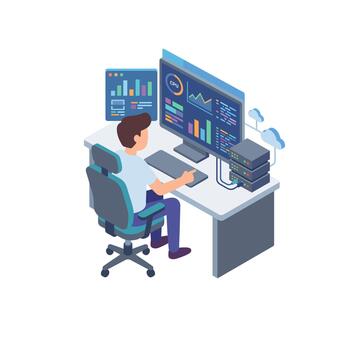 Isometric software developer analyzing data on computer screen vector