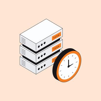 Isometric task boxes stack and clock for time management efficiency vector
