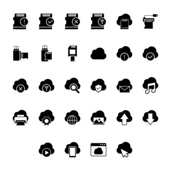 Big set cloud computing memory storage solid icons vector