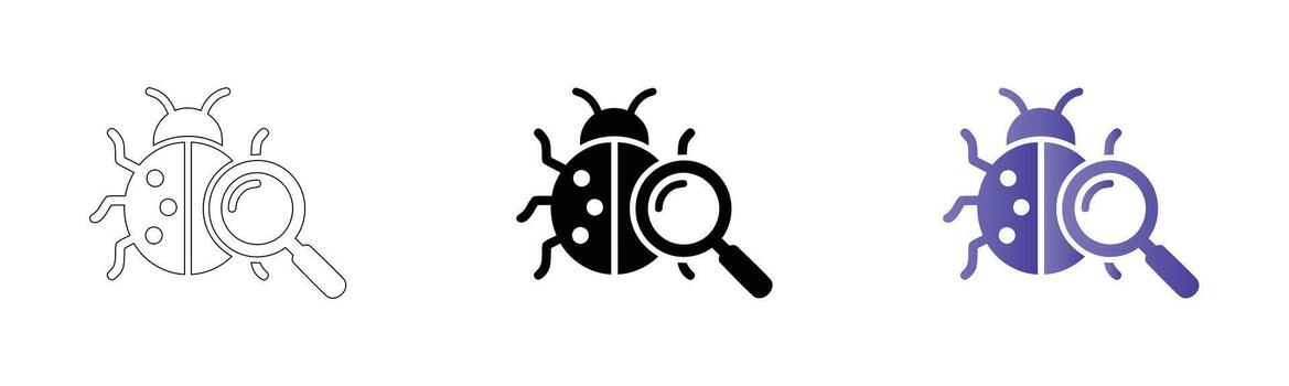 Software bug detection and debugging icon. Represents code testing, finding errors, and quality assurance in programming and web development projects vector