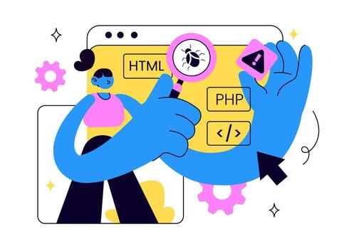 Web Development Illustration Featuring Website Programming, Interface Creation, Coding Process, Digital Tools, and Responsive Technology vector