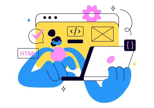 Web Development Illustration Featuring Digital Website Design, Software Coding, Responsive Interface, and Modern Programming Solutions vector