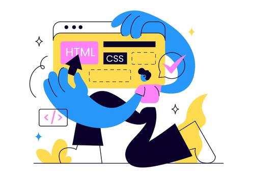 Web Development Illustration Featuring Website Coding, User Interface Design, Responsive Layout, and Advanced Programming Technology vector