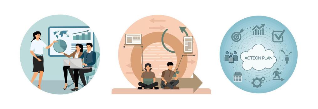 Project implementation concept. Agile workflow. Action Plan. vector
