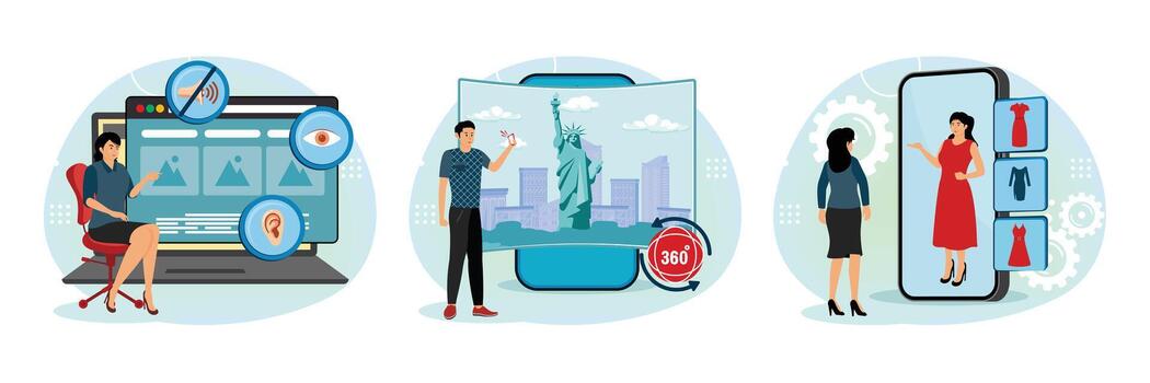 Web accessibility program concept. Virtual tour. Virtual Fitting Room. vector