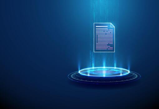 3D blue podium with document inside data stream. Digital data flow, document showcase, information technology, binary code, virtual platform, presentation concept vector