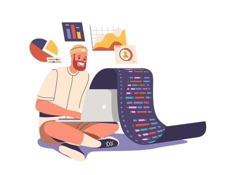 hombre software desarrollador personaje comprometido en sitio web mejoramiento, pruebas código, coleccionar estadística vector