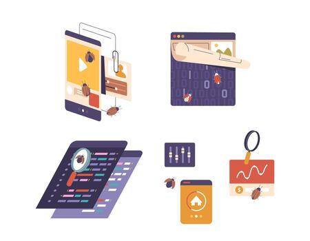 Programming, website scanning, software testing and debugging isolated set on white background vector