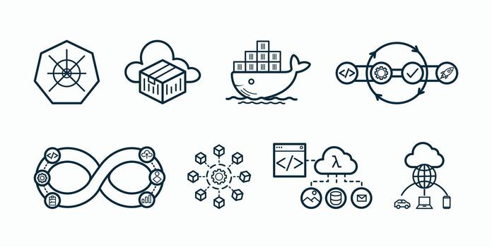 DevOps Cloud Computing Line Icons Container Deployment Set vector