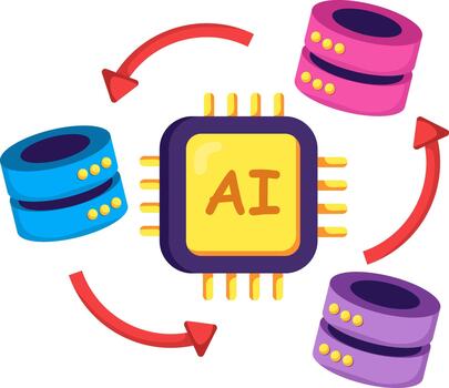 AI microchip transferring and syncing data between surrounding database cloud servers vector